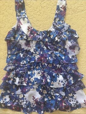Floral Ruffle Tiered Tank Top - Blue Multi